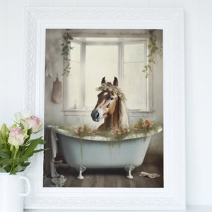 Horse in Boho Bathtub - Printable Wall Art, Horse Portrait, Kids Bathroom Print, Cottagecore and Boho Home Decor, Digital Download