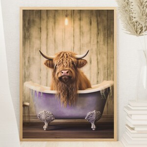 Highland Cow in Bathtub Printable Wall Art Whimsical Animal Portrait Highland Cow in Bathtub Printable Wall Art Whimsical Animal Portrait