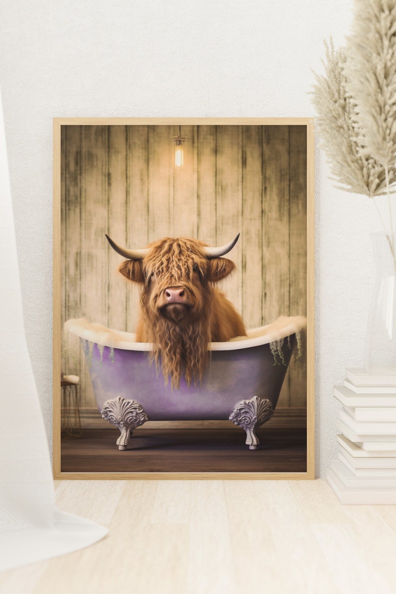 Highland Cow in Bathtub Printable Wall Art, Whimsical Animal Portrait ...