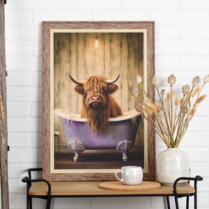 Highland Cow in Bathtub Printable Wall Art, Whimsical Animal Portrait ...