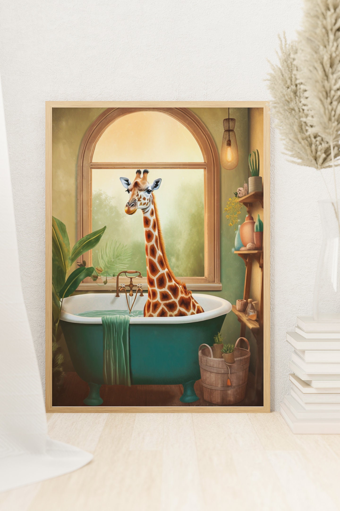 Giraffe in Bathtub Printable Wall Art, Whimsical Giraffe Portrait