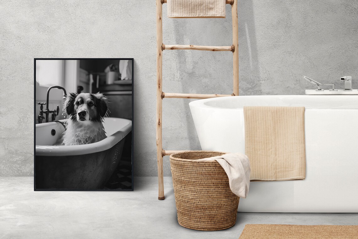 Wet Dog in Boho Bathtub Black and White Digital Art, Dog Lover Bathroom ...