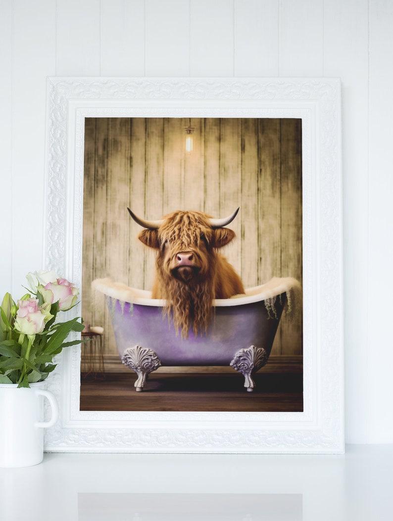 Highland Cow in Bathtub Printable Wall Art Whimsical Animal Etsy