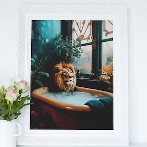 Lion in a Bathtub - Printable Wall Art, Whimsical Lion Portrait, Kids Bathroom Art, Safari Print, Digital Download, Wildlife Boho Home Decor