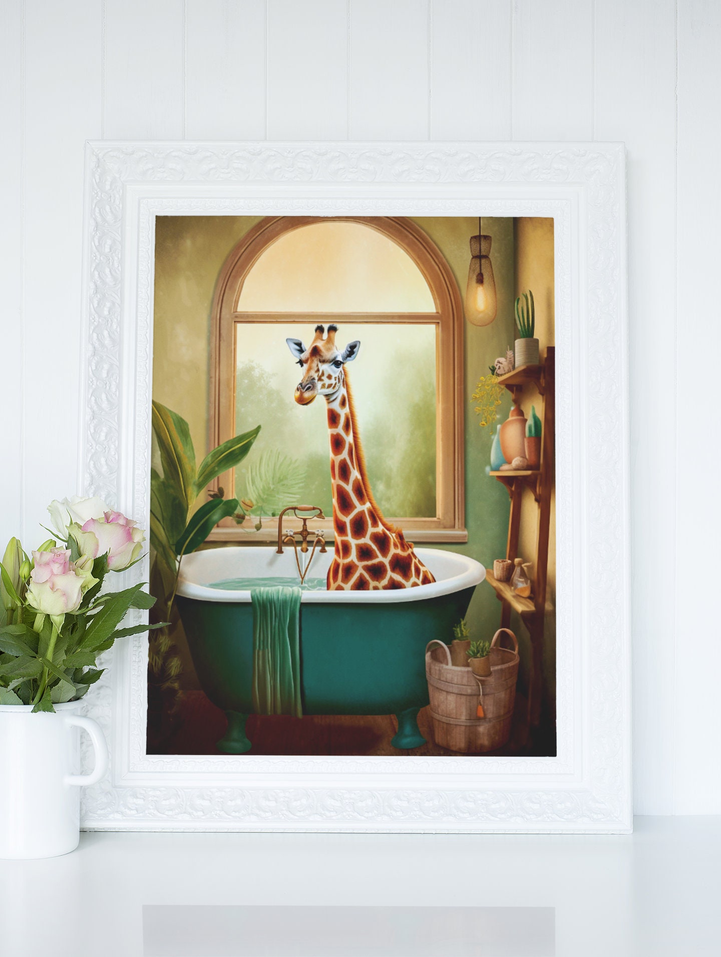 Giraffe in Bathtub Printable Wall Art, Whimsical Giraffe Portrait ...
