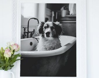Wet Dog in Boho Bathtub - Black and White Digital Art, Dog Lover Bathroom Decor, Pet In Bathtub, Whimsical Dog Art, Printable wall art