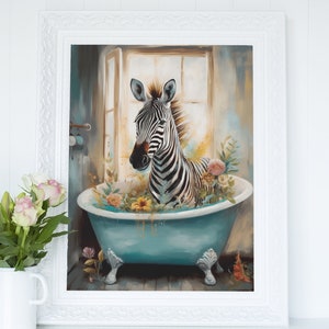Zebra in Boho Bathtub - Printable Wall Art | Zebra Paint Portrait | Kids Bathroom Art Print | Cottagecore Decor | Digital Download