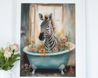 Zebra in Boho Bathtub - Printable Wall Art | Zebra Paint Portrait | Kids Bathroom Art Print | Cottagecore Decor | Digital Download