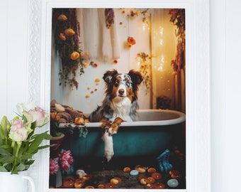 Dog in Boho Bathtub - Printable Wall Art, Dog Photo Portrait, Kids Bathroom Art Print, Digital Download, Pet Cottagecore Decor, Boho Home