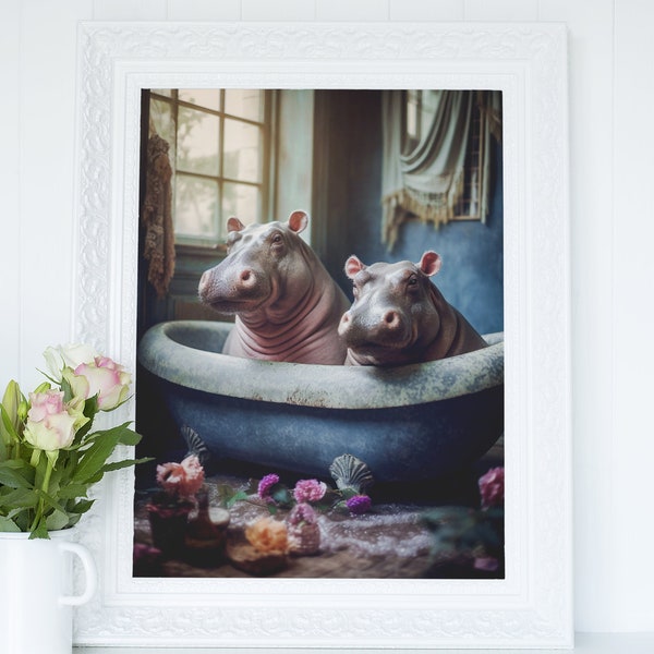 Baby Hippos in Boho Bathtub - Printable Wall Art, Hippo Photo Portrait, Wildlife Bathroom Print, Animal Cottagecore Decor, Digital Download