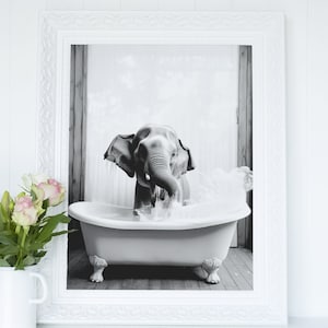 Elephant in Boho Bathtub - Printable Wall Art, Elephant Photo Portrait, Bathroom Art Print, Digital Download, Home Decor, Black and White