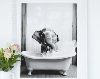 Elephant in Boho Bathtub - Printable Wall Art, Elephant Photo Portrait, Bathroom Art Print, Digital Download, Home Decor, Black and White