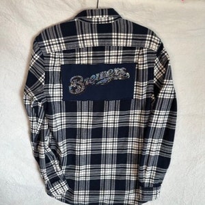 Milwaukee Brewers Upcycled Back Patch Flannel Shirt - size Medium Tall