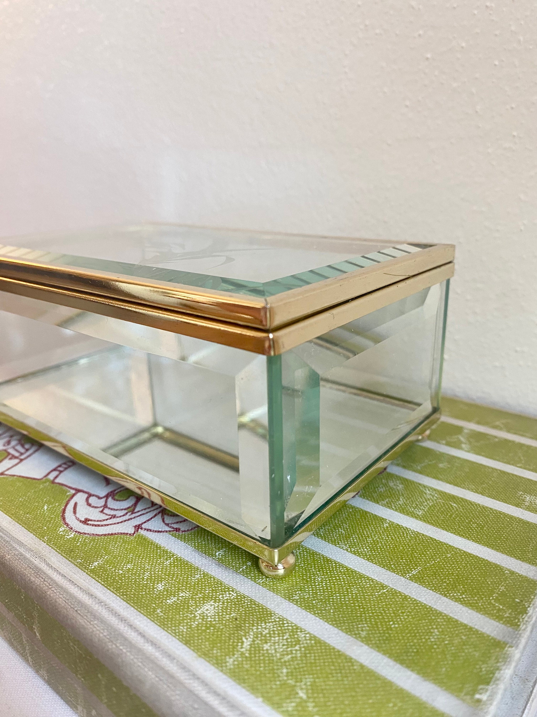 Vintage Etched Glass Jewelry Box Etsy