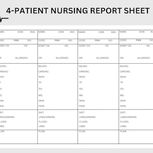 Verpleegkundig rapportblad voor 4 patiënten | Verpleegkundig hersenblad | Student Verpleegkunde | IC | Medisch Chirurg | Telemetrie| RN/LPN