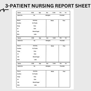 3-Patient Nursing Report Sheet | Nursing Brain Sheet | Nursing Student | ICU | MedSurg | Telemetry| RN /LPN