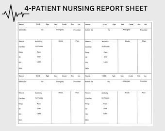 Könnte beinhalten: Ein leeres 4-Patienten-Pflegeberichtblatt mit Spalten für Name, Geburtsdatum, Alter, Geschlecht, Code, Raum, Isolation, Aufnahmediagnose, Vorgeschichte, Allergien, Anbieter, Neuro, Aktivität, Medikamente und Plan. Das Blatt ist in vier Abschnitte unterteilt, einen für jeden Patienten.