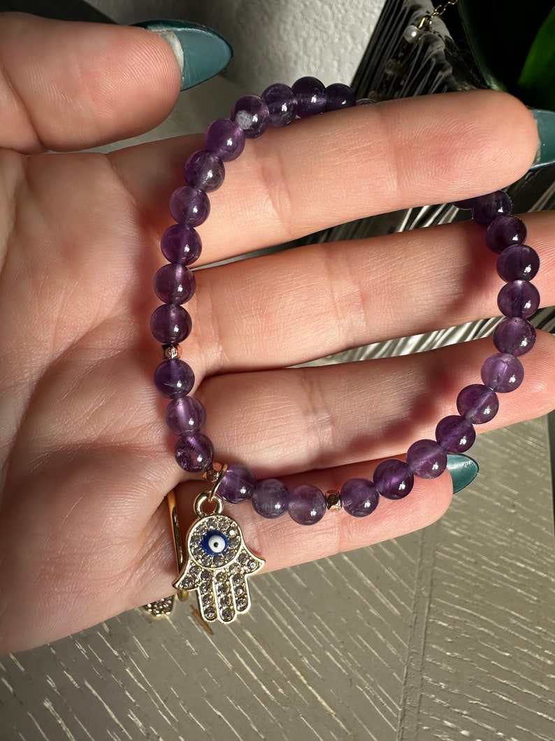 Amethyst Bracelet With Hamsa Hand Charm Etsy
