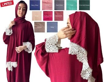 ワンサイズ ワンピース 女性用 イスラム教徒 祈祷服 - 長袖 イスラム トーブ ヒジャブ付き ثوب صلاة。 刺繍入り ラマダン 祈祷服 - Sawb Salah