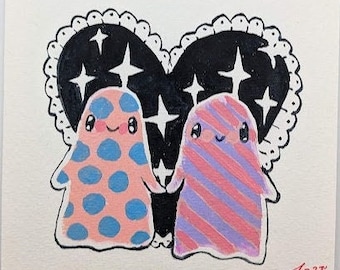 Small Original Watercolor Painting of Two Ghosts