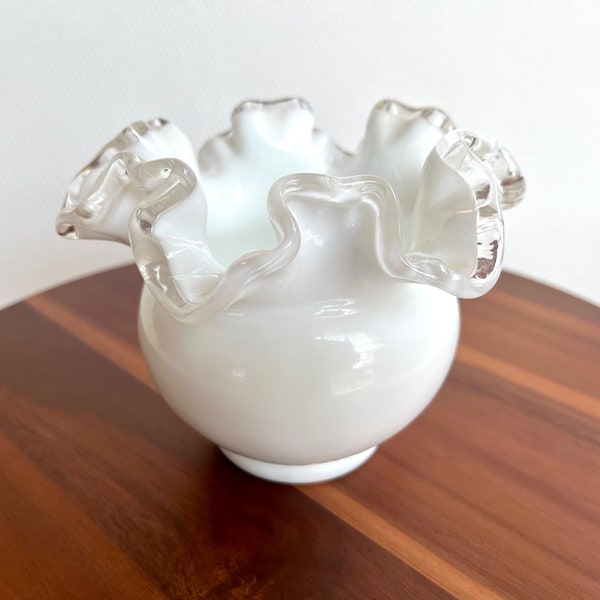 Fenton Silver Crest Crimped Milk Glass Bowl Vase