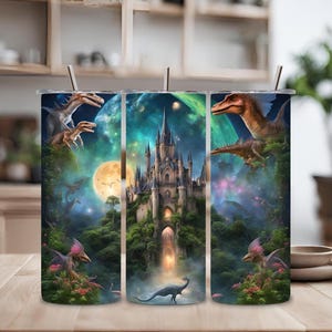 Puede incluir: Tres vasos de acero inoxidable con un diseño de fantasía que presenta un castillo, una luna y dinosaurios. Los vasos son de color azul oscuro, verde y morado.