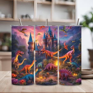 Puede incluir: Tres vasos de acero inoxidable con una ilustración colorida de un castillo de fantasía y dinosaurios. El castillo está rodeado de árboles y flores. Los dinosaurios están en varias poses, incluyendo volar, caminar y estar de pie. Los vasos son una excelente manera de disfrutar de su bebida favorita.
