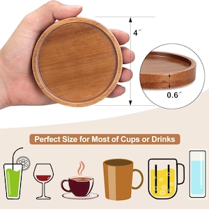 May include: A set of four round wooden coasters, each measuring 4 inches in diameter and 0.6 inches thick. The coasters are made of natural wood and have a light brown color. The coasters are perfect for protecting surfaces from heat and moisture.