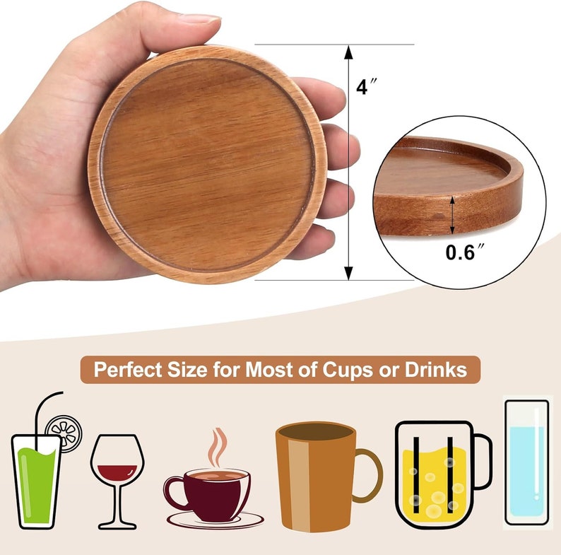 May include: A set of four round wooden coasters, each measuring 4 inches in diameter and 0.6 inches thick. The coasters are made of natural wood and have a light brown color. The coasters are perfect for protecting surfaces from heat and moisture.