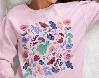Scandinavian Folk Art Cat Sweatshirt,Butterfly Shirt,Norwegian Floral Cat Sweater, Hygge Gifts, Cottagecore Clothes, Scandi Nordic Crewneck