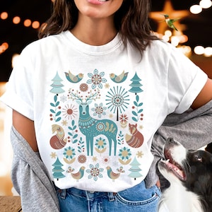Scandinavian Christmas Reindeer Comfort Colors®Shirt,Norwegian Folk Art Print,Hygge Gifts,Scandiboho Pullover Tee,Vintage Scandi Nordic Tops