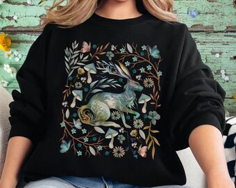 Woodland rabbit Magical Forest Sweatshirt, hare gift for her,nature spirits art Sweater,forest gift for mom, Nature Print Shirt,Forestcore
