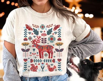 Scandinavian Christmas Reindeer Shirt Comfort Colors®,Norwegian Christmas Folk Art Tshirt, Holiday Crewneck,Boho Hygge Gifts,Swedish T-shirt