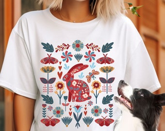 Scandinavian Folk Art Rabbit Easter Tshirt, Comfort Color Shirt, Norwegian Crewneck, Cottagecore Clothes. Hygge Gifts, Nordic Crew Neck Top