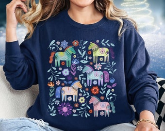 Swedish Dala Horse Sweatshirt, Comfort Colors® Scandinavian Folk Horse Gifts For Mom, Norwegian Christmas Sweater, Cottagecore Pony Girl Top