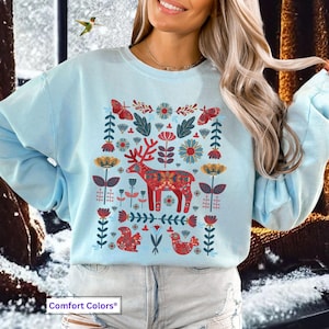 Scandinavian Christmas Sweatshirt, Norwegian Folk Art Reindeer Sweater,ScandiBoho Gift,Swedish Mom Gift, Vintage Deer Nordic Comfort Colors®