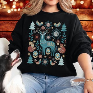 Scandinavian Christmas Sweatshirt Reindeer Christmas T Norwegian Folk Art Sweater,Hygge Gift,Scandiboho Pullover,Vintage Nordic Scandi Xmas