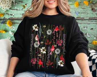 Vintage Cottagecore Wildflower Red Cardinal Sweatshirt, Goblincore Nature Sweatshirt, Bird Lover Gift, Cottage Core Wildflowers Shirt Gifts