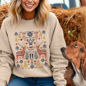 Scandinavian Reindeer Sweatshirt, Norwegian Folk Art Sweater, Cottage Core Hygge Botanical Sweatshirt, Vintage Nordic Christmas Crewneck