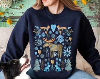 Scandinavian Christmas Sweater, Cottagecore Clothing, Norwegian Sweater, Nordic Christmas, Cottage Core Hygge Botanical Sweatshirt, Folk Art