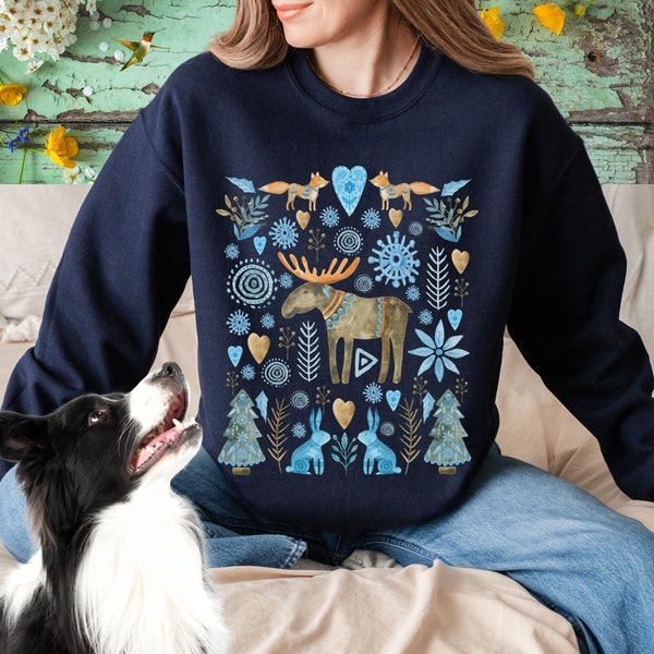 Scandinavian Christmas Sweater, Cottagecore Clothing, Norwegian Sweater, Nordic Christmas, Cottage Core Hygge Botanical Sweatshirt, Folk Art