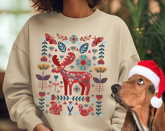 Scandinavian Christmas Sweatshirt, Norwegian Folk Art Sweater, Cottage Core Hygge Botanical Sweatshirt, Vintage Nordic Christmas Crewneck