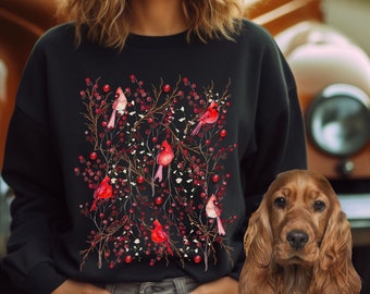 Vintage Cottagecore Wildflower Red Cardinal Sweatshirt, Goblincore Nature Sweatshirt, Bird Lover Gift, Cottage Core Wildflowers Shirts