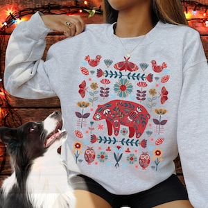 Scandinavian Folk Art Bear Sweatshirt, Norwegian Folk Art Sweater, Cottage Cor, Hygge Botanical Crew Neck, Vintage Nordic Christmas Crewneck