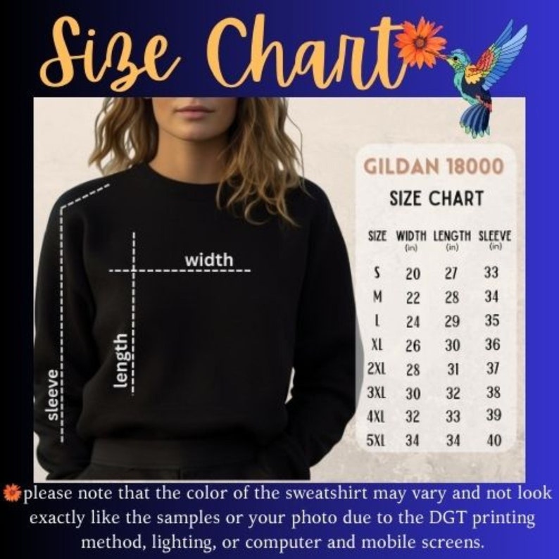 May include: Size chart for Gildan 18000 sweatshirts, showing width, length, and sleeve measurements in inches for sizes S through 5XL.