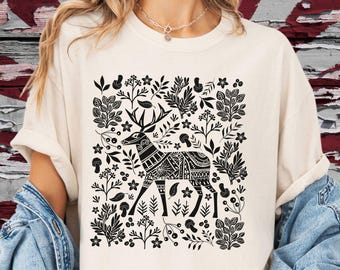 Forest Friends-Reindeer Shirt, Goblincore T-shirt,Cottagecore Woodland Whimsy-Block Print Animal Shirts, Linocut Top-Scandi Boho Style Women