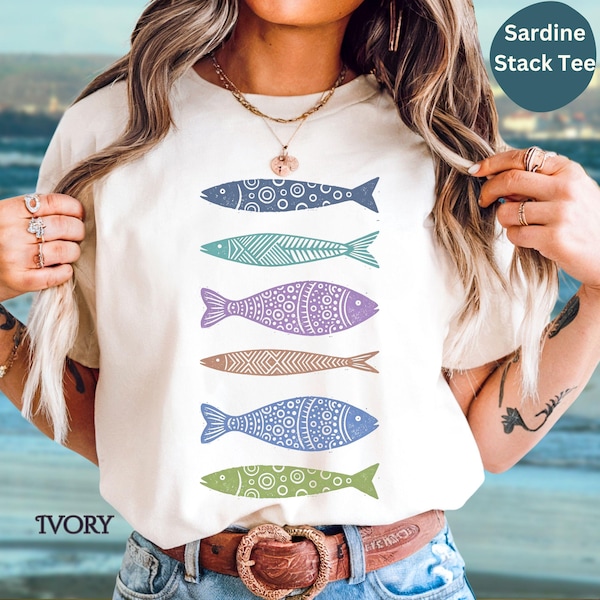 Scandinavian Fish Shirt, Linocut Sardine Stack Tee, Coastal Cottagecore Nautical Graphic,Nordic Folk Art Comfort Colors® TShirt-Tribal Print