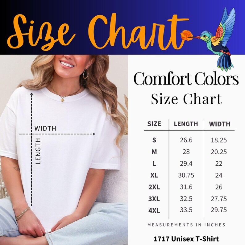 May include: A white t-shirt with a size chart, featuring measurements in inches for sizes S to 4XL. The chart includes length and width dimensions. The text "1717 Unisex T-Shirt" is also visible.