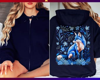 Blue Fox Floral Full Zip Hoodie,Goblincore Cottagecore Hooded Sweater,Outdoors Sweatshirt For Animal Lovers,Cozy Outdoorsy Zip Nature Jacket