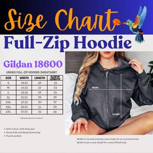 May include: A size chart for a Gildan 18600 unisex full-zip hooded sweatshirt. The chart includes measurements for width, length, and sleeve length in inches, ranging from size S to 4XL. The image also shows a dark gray hoodie with a zipper closure.